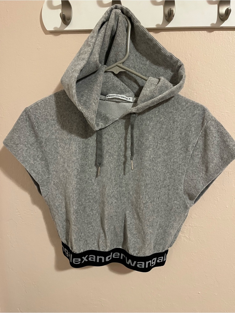 Alexander Wang Light Gray Ribbed Cropped Hooded Top